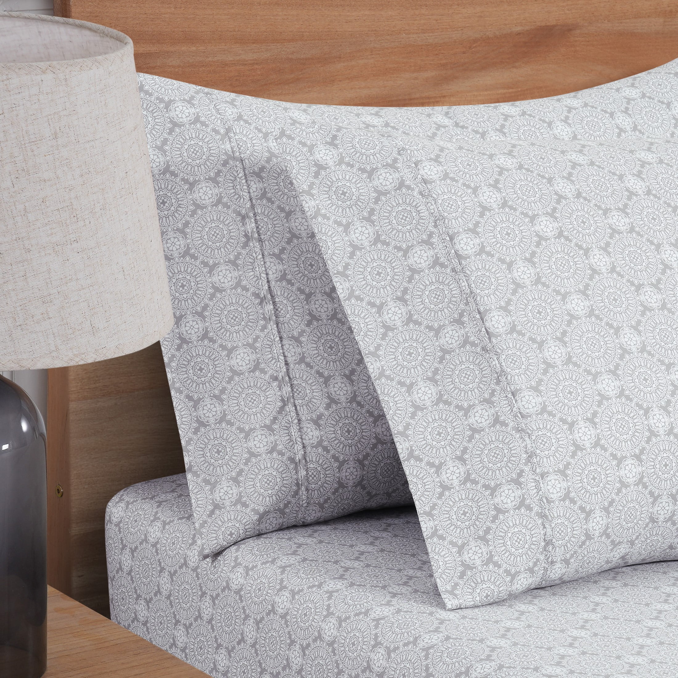 Mainstays Super Soft Brushed Microfiber Pillowcase Set, Gray Medallion, King, 2 Piece