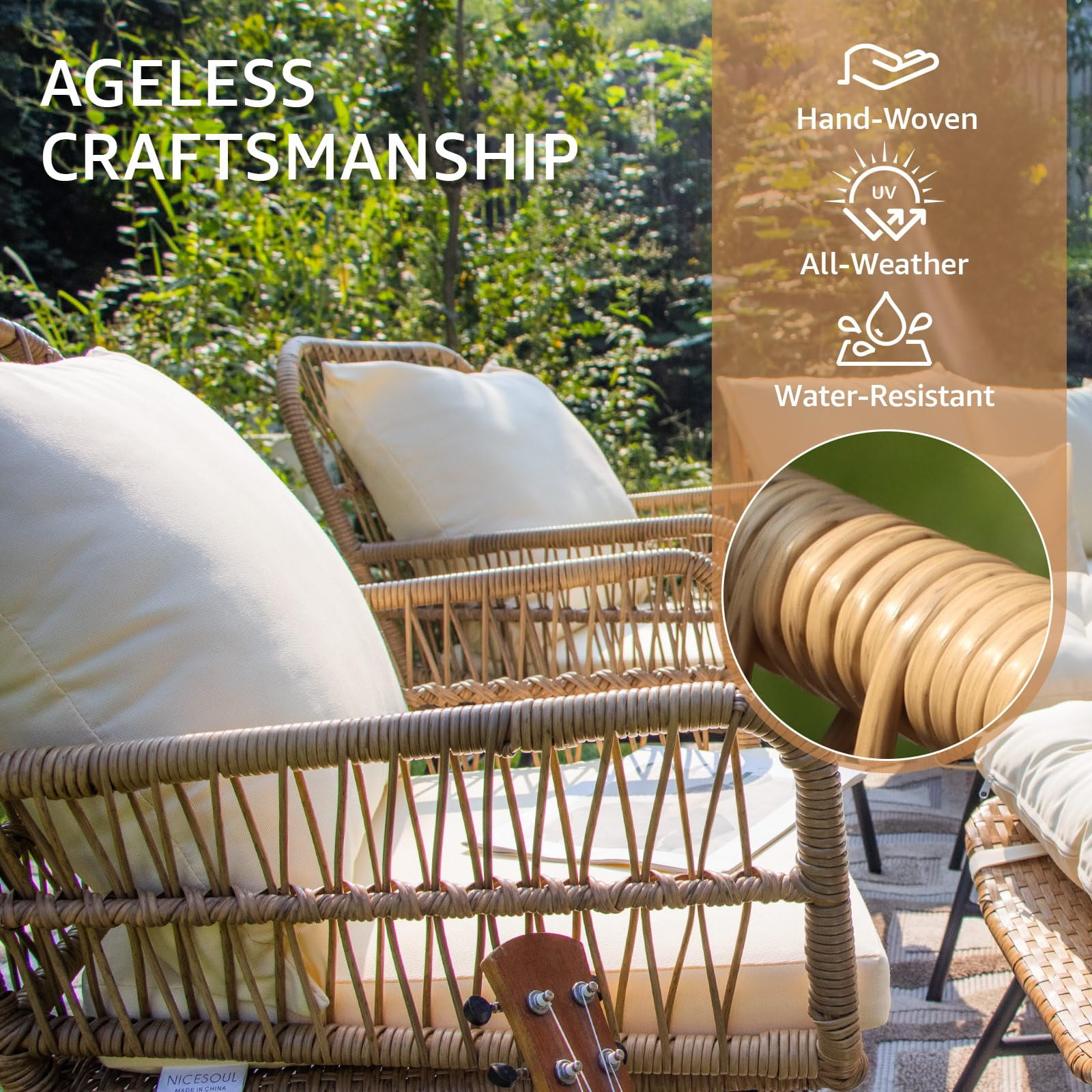 RADIATA 3-Piece Patio Boho Furniture Set with Ajustable Feet, Boho Outdoor Conversation Set with Table, Sofa Seating Set with Thick Cushion for Backyard Lawn Garden, Beige