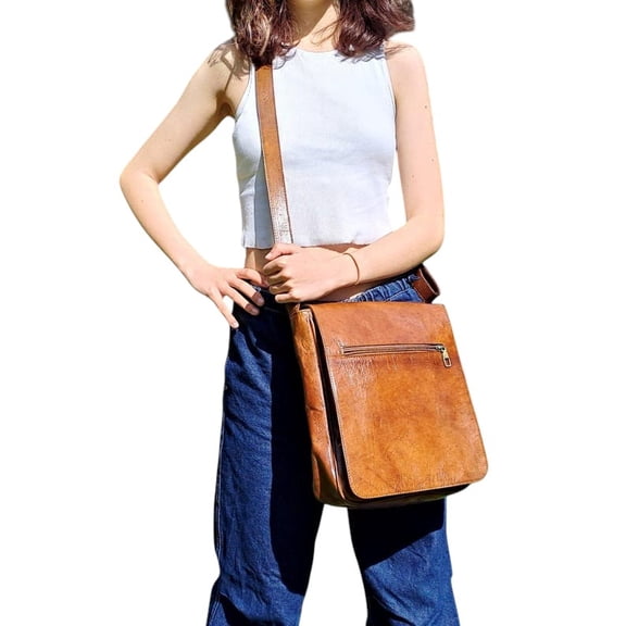 leatherooze craft 13” Goat Leather Messenger Bag – Handmade Tablet Shoulder Satchel