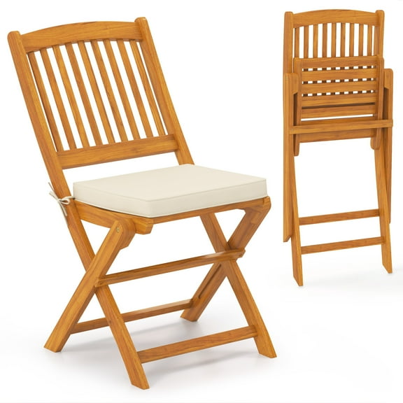 Costway Outdoor Folding Chairs Set of 2 Acacia Wood High-Back Chair with Seat Cushions Beige