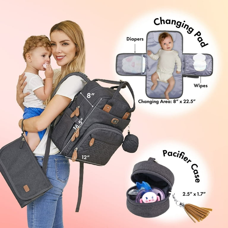 Dikaslon Diaper Bag Backpack with Portable Changing Pad Pacifier Case and Stroller Straps Large Unisex Baby Bags for Boys Girls Multipurpose Travel Back Pack for Moms Dads Dark Gray Dark Grey