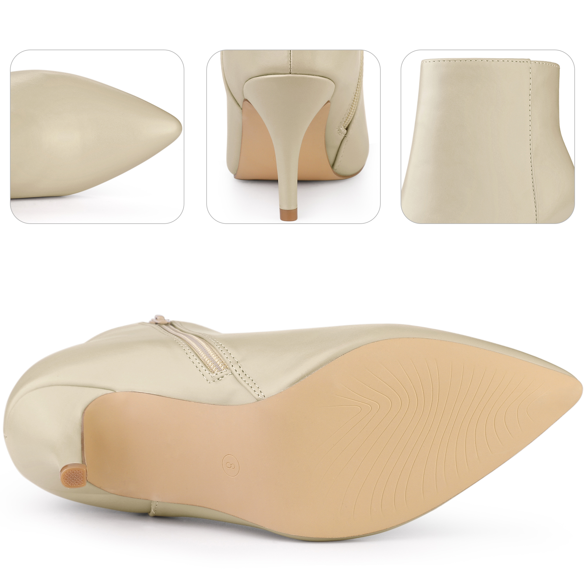 Unique Bargains Women's Side Zipper Pointed Toe Stiletto Heel Ankle Boots Beige 7