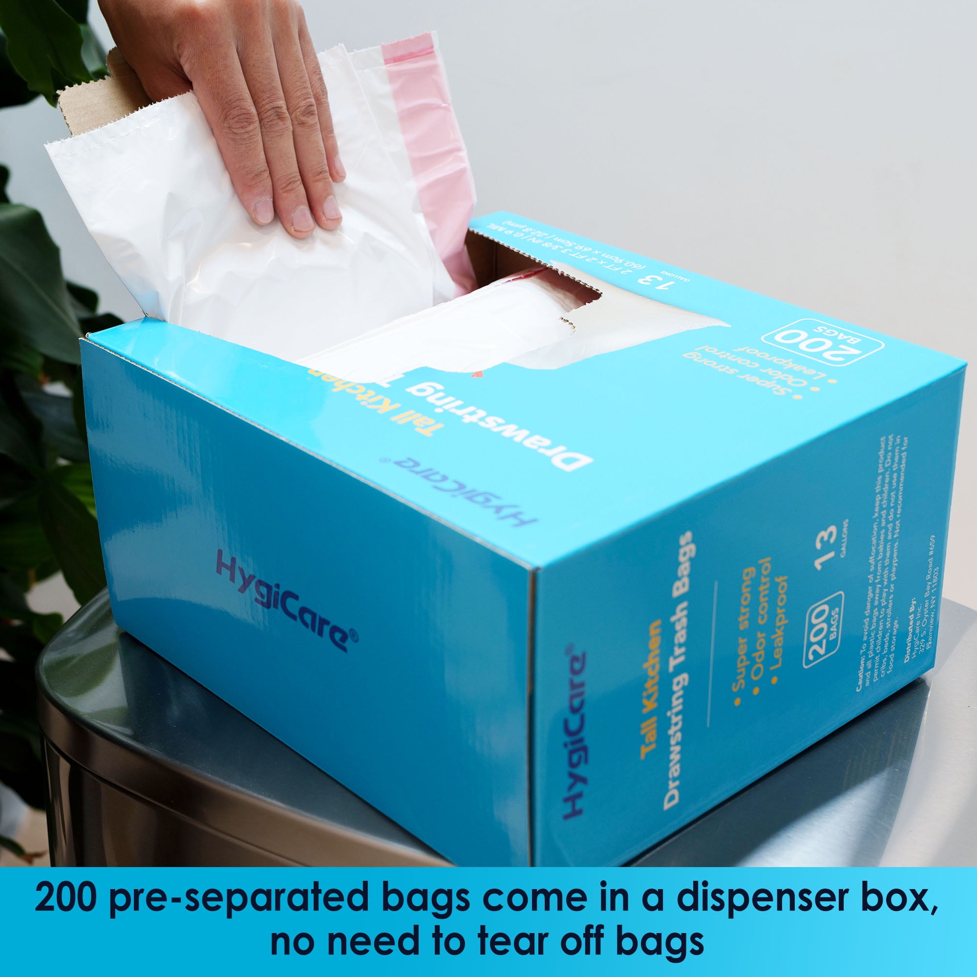 HygiCare 13 Gallon Tall Kitchen Drawstring Trash Bags, 200 Count, Fresh Scent, Super Strong, Leakproof
