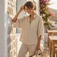 thumbnail image 6 of 2 Piece Sets for Women Batwing Sleeve Linen Cotton Two Piece Set – Casual Shirt & Wide Leg Pants Outfit, 6 of 7