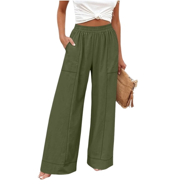 VEKDONE Womens Elastic Waist Palazzo Pants Casual Baggy Wide Leg Pants with Pockets Summer Lounge Straight Trousers Army Green XL
