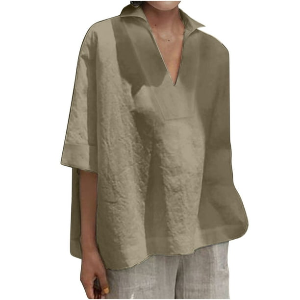 Blusa suelta de algodón con cuello en V y solapa de manga corta a la moda de verano para mujer OAVQHLG3B Store lin121212