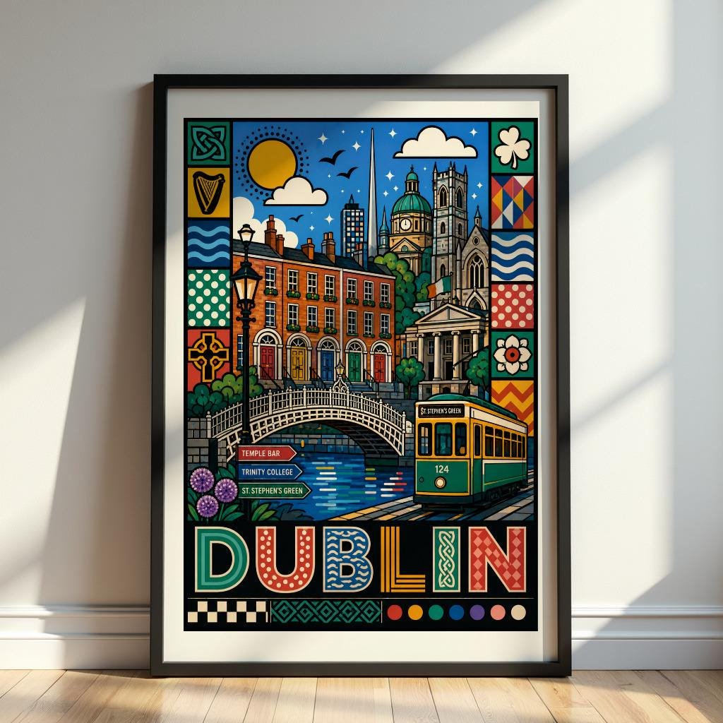 Irish Travel Print, Dublin Wall Decor, Historic Capital Poster, European Cityscape Artwork, Unique Gift, Poster Only