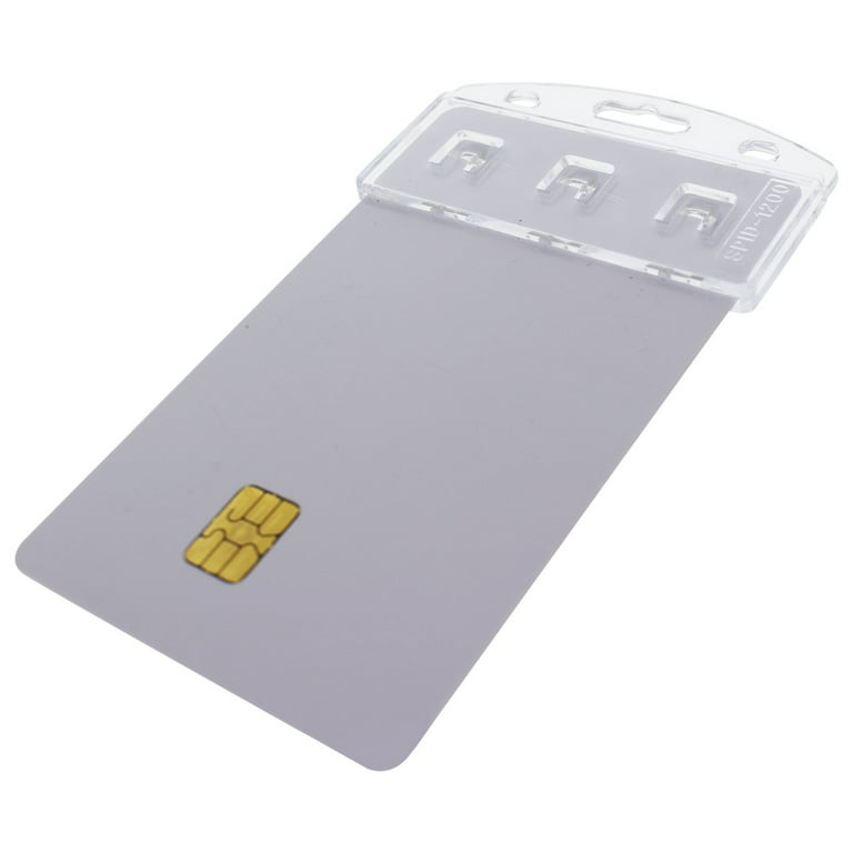 100 Pack - Vertical Half Card Badge Holder for Smart Cards (CHIP INSERT)  PIV Common Access and Credit Cards - Crystal Clear Hard Polycarbonate  Plastic - Heavy Duty Grippers Clamp Tight - Specialist ID 