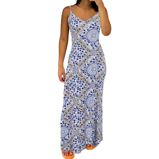 WRKEKC Beach Dresses for Women Exotic Floral V Neck Spaghetti Strap Open Back Flowy Maxi Lightweight Comfort