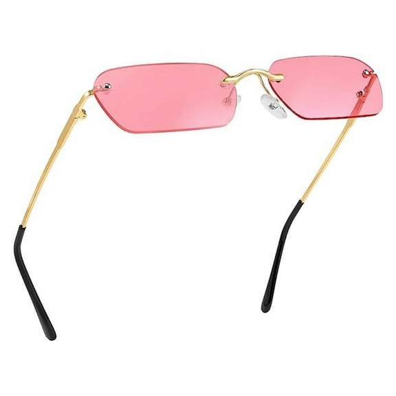 Women's Pink Tint Rimless Gold Frame Ladies Fashion Rectangle Sunglasses