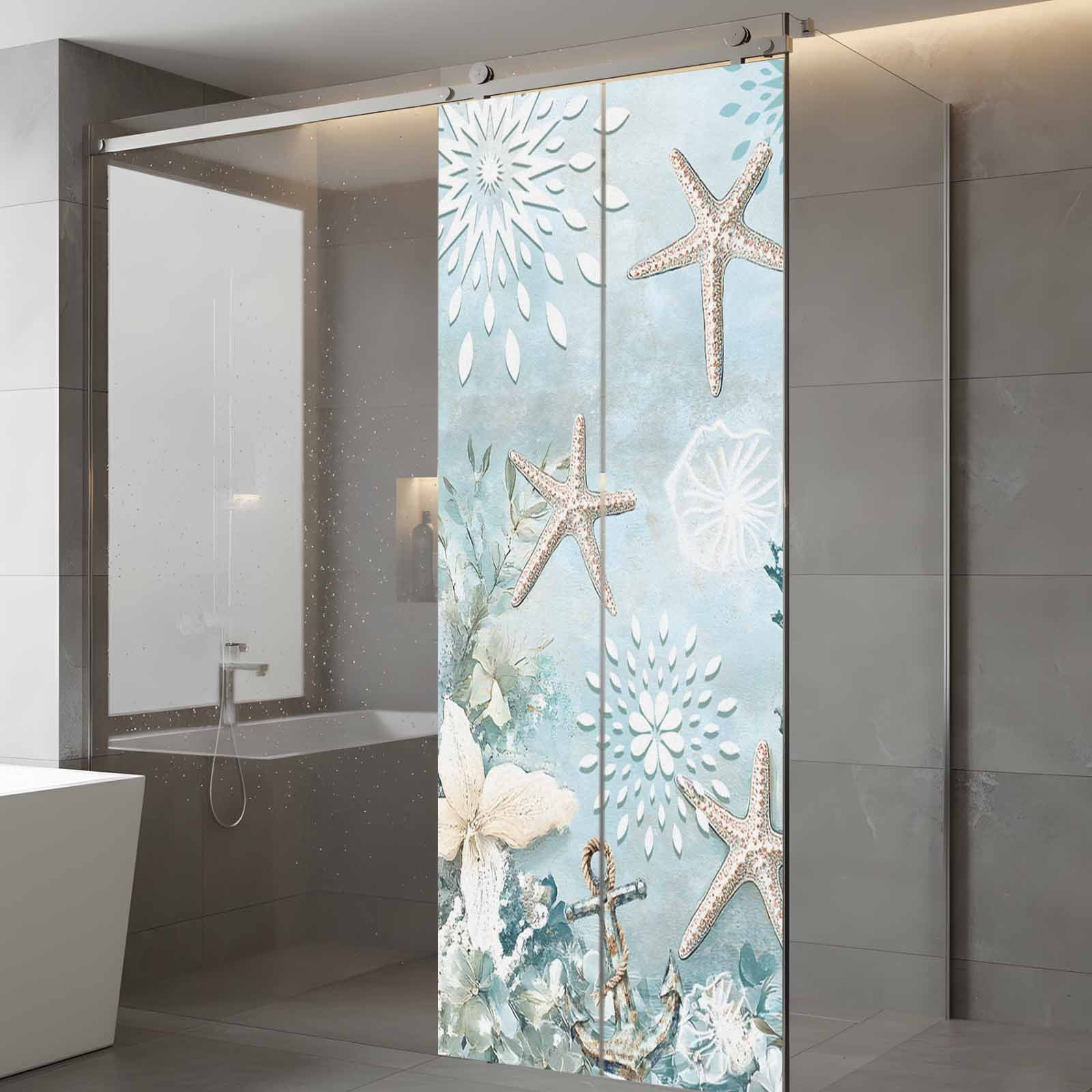 Teal Ocean Coastal Privacy Window Film, Decorative Frosted Glass Window Film, Summer Beach Nautical Coral Starfish Reusable Peel and Stick Static Cling for Home Bathroom Office Glass Door 23.6"x59"