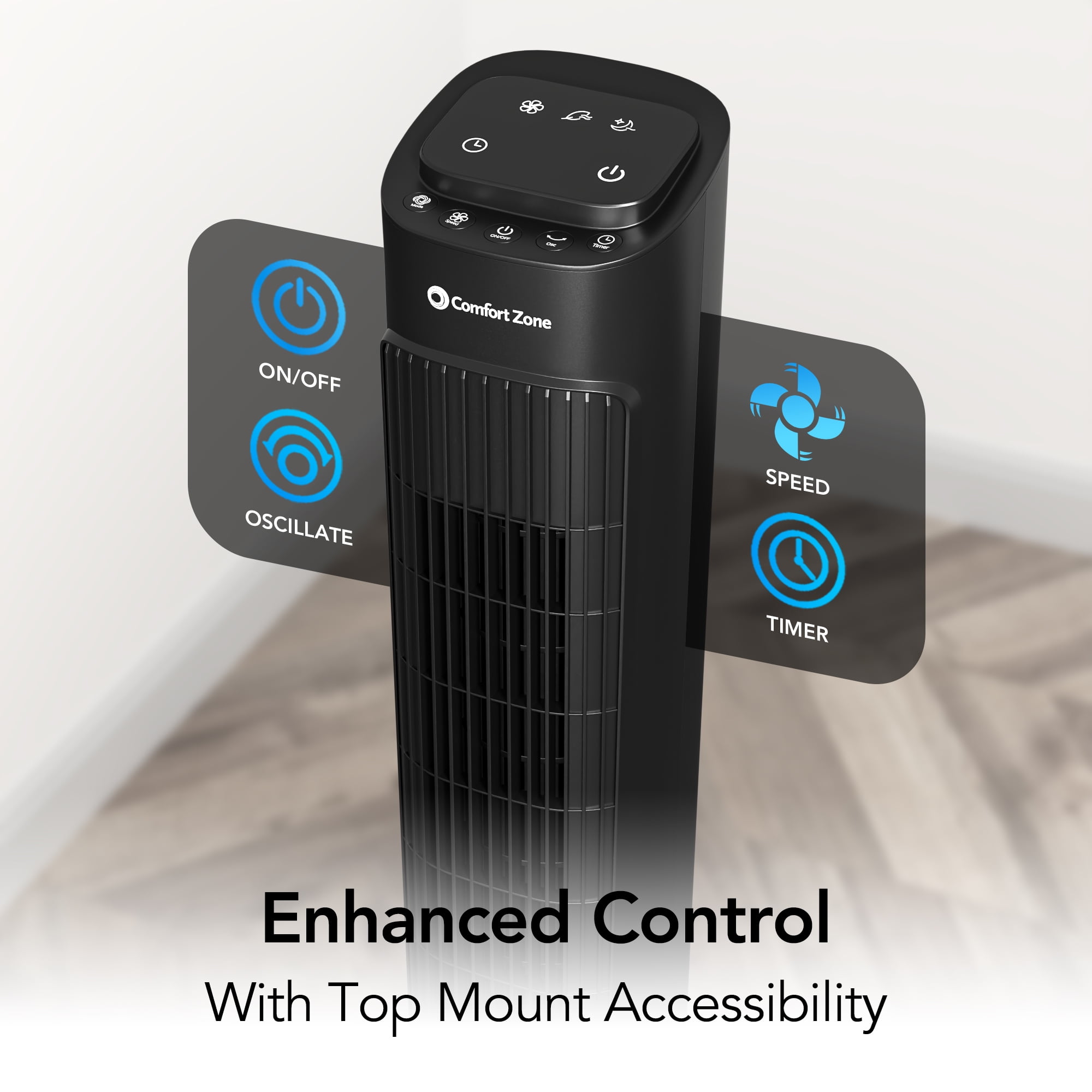 Comfort Zone 36” Tower Fan with Remote Control and Timer, Black