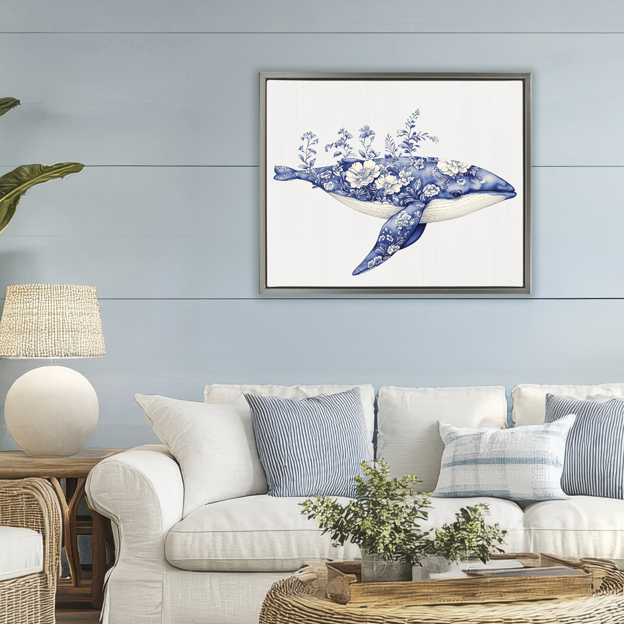 Blooming Toile Whale Gray Framed Floater Canvas Wall Art, design by Lettered and Lined