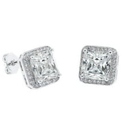 Norah 18k White Gold Princess Cut CZ Halo Stud Earrings, Sparkling Cluster Silver Stud Earring Set w/ Solitaire Round Cut Diamond Crystals, Wedding Anniversary Jewelry MSRP - $150