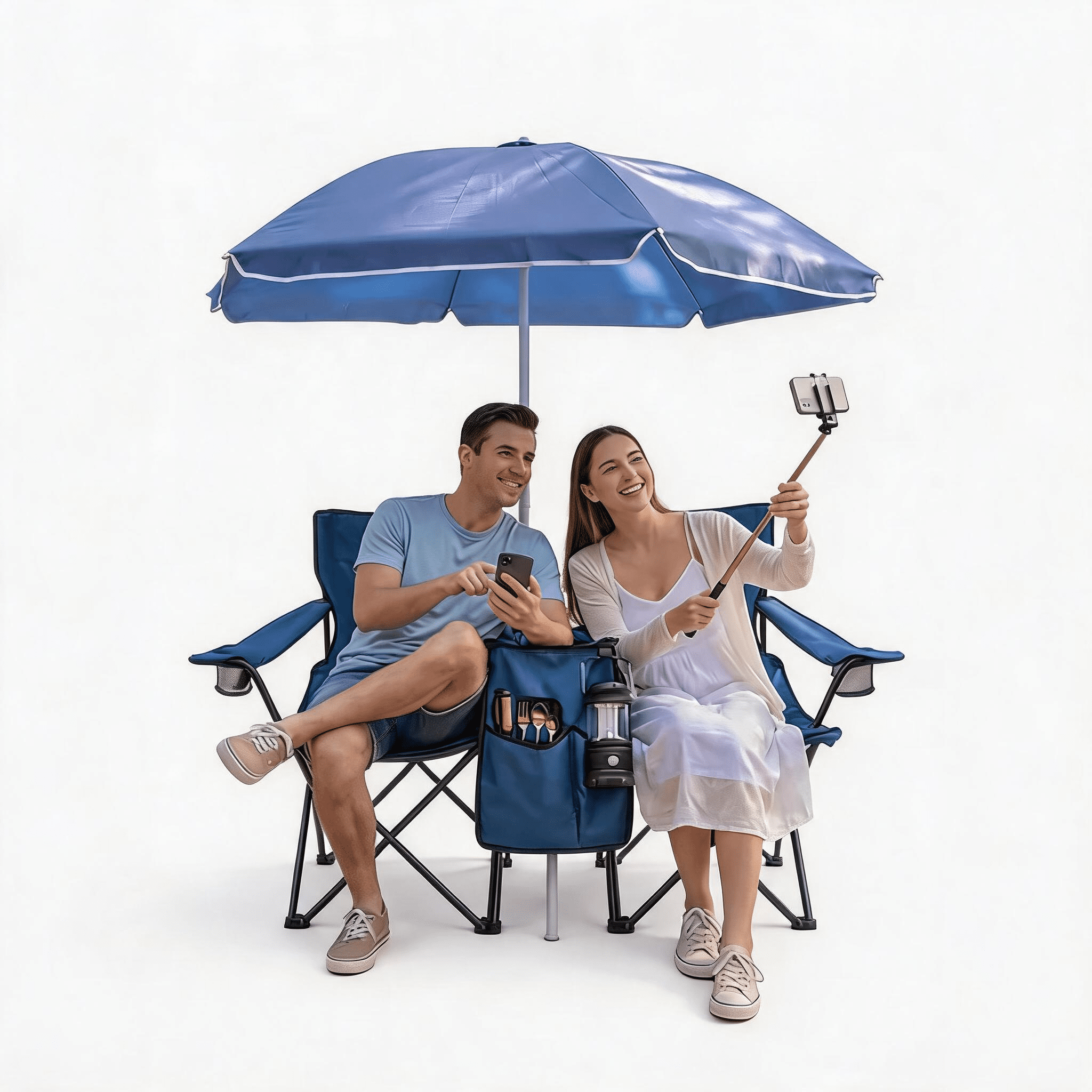 Portable Double Folding Beach Chair Set with Umbrella, 2-Person Outdoor Camping Chair with Cup Holders, Foldable Patio Chair for Picnic, Backyard, Travel, Blue