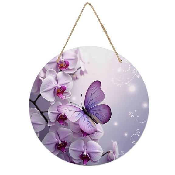 Rustic Round Wooden Wall Art Sign, 8" Decorative Home Decor, Vintage Purple Butterfly Flower Designs, Easy Hang, Gift-Ready for Christmas Living Room Bedroom Kitchen Office
