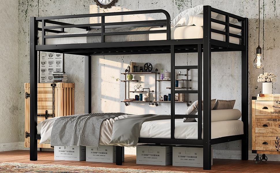 Mintazer Twin Over Twin Metal Bunk Bed with Guardrails, Noise-Free Design & Under-Bed Storage for Teens Adults Bedroom, Black