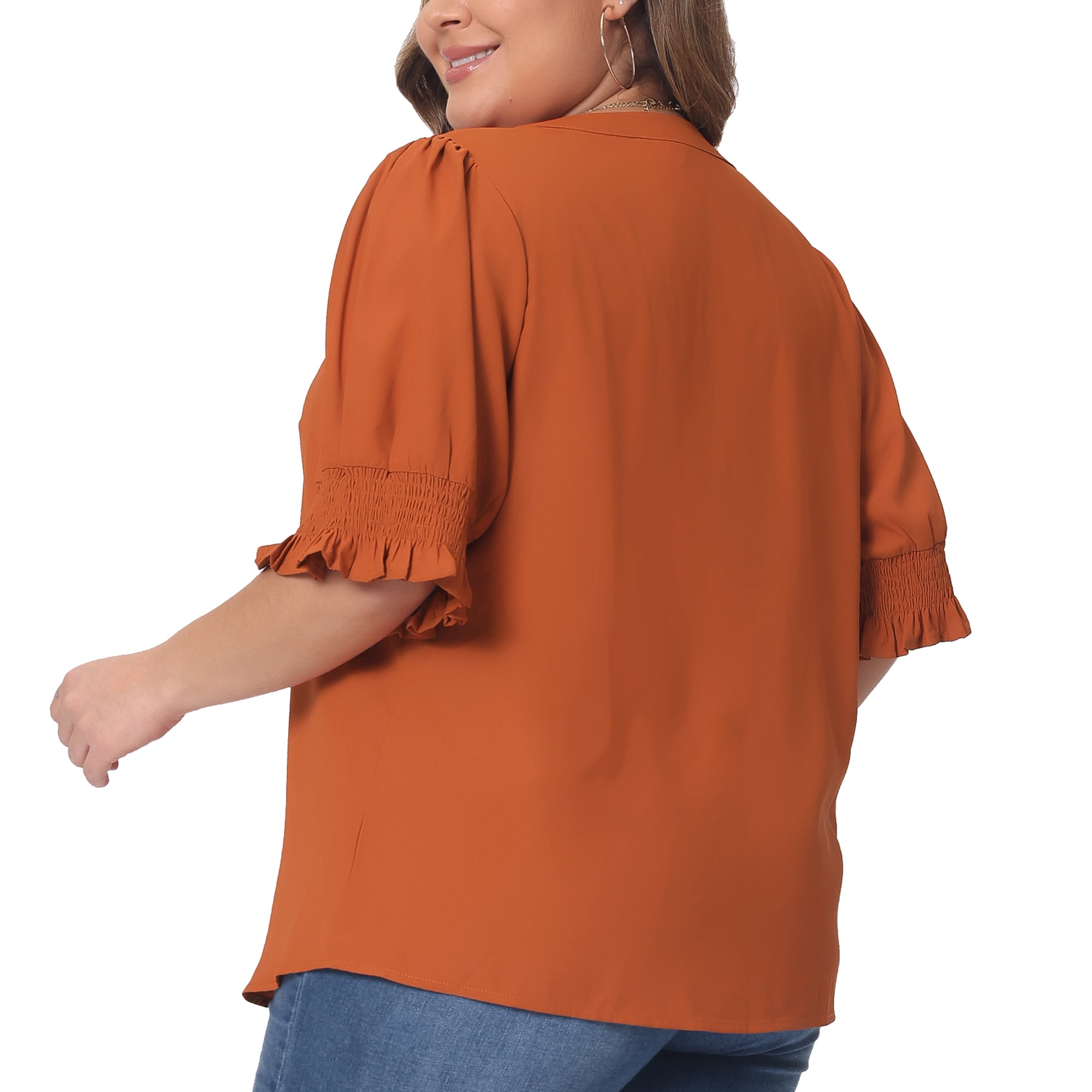 DARING DIVA Women's Plus Top Notched V Neck Puff Blouse Tops 3X Orange