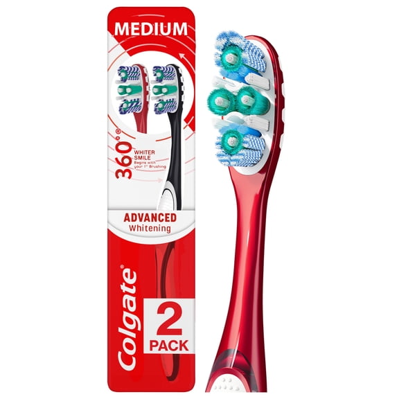 Colgate 360 Optic White Advanced Adult Manual Whitening Toothbrush, Medium, 2 Pack