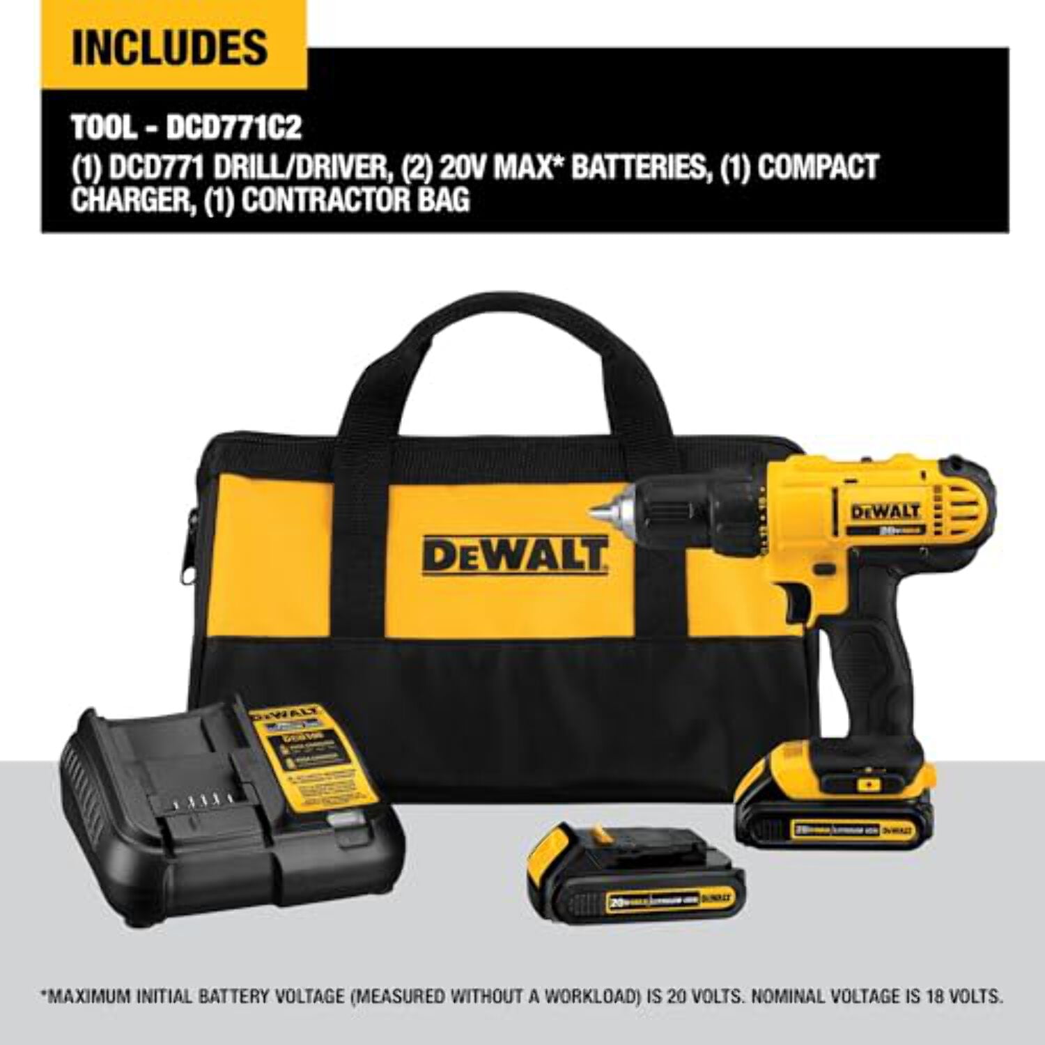 DEWALT 20V Max Cordless Drill Driver Kit Compact Battery Powered Tool 1 2 Inch DCD771C2 Yellow Walmart