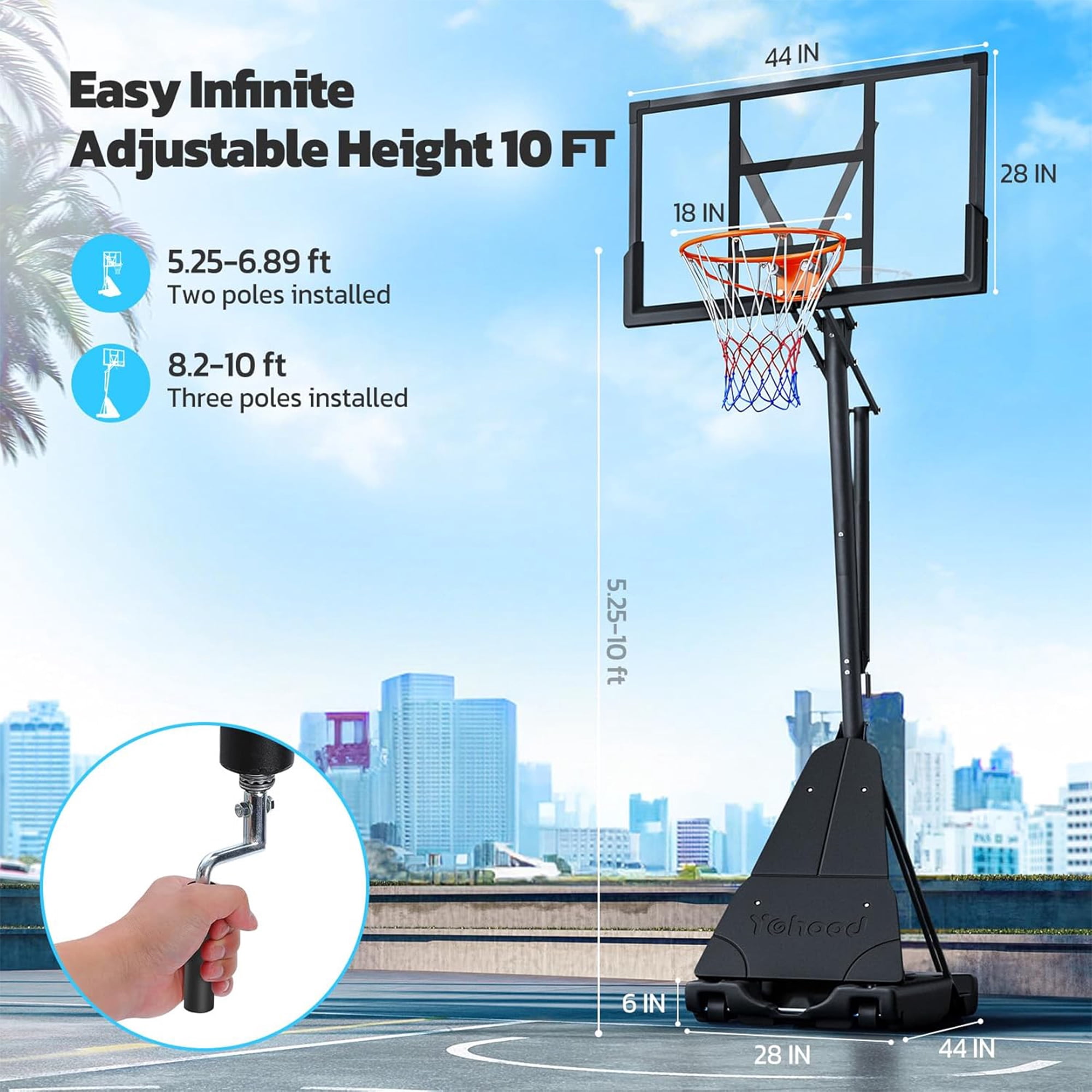 Toremore 44" Basketball Hoop Outdoor Adjustable, 5.25-10FT Portable Basketball Hoop Goal System with Shatterproof PC Backboard and Larger Base for Kids Youth and Adults