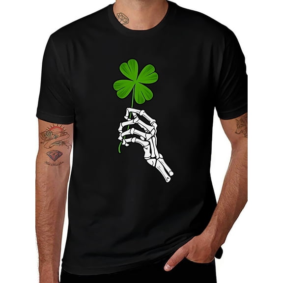 Men's Skull Hand Four-Leaf Clover T-Shirt- Irish Lucky Charm, Heavy Loose Short Sleeve Crew Neck T-Shirt