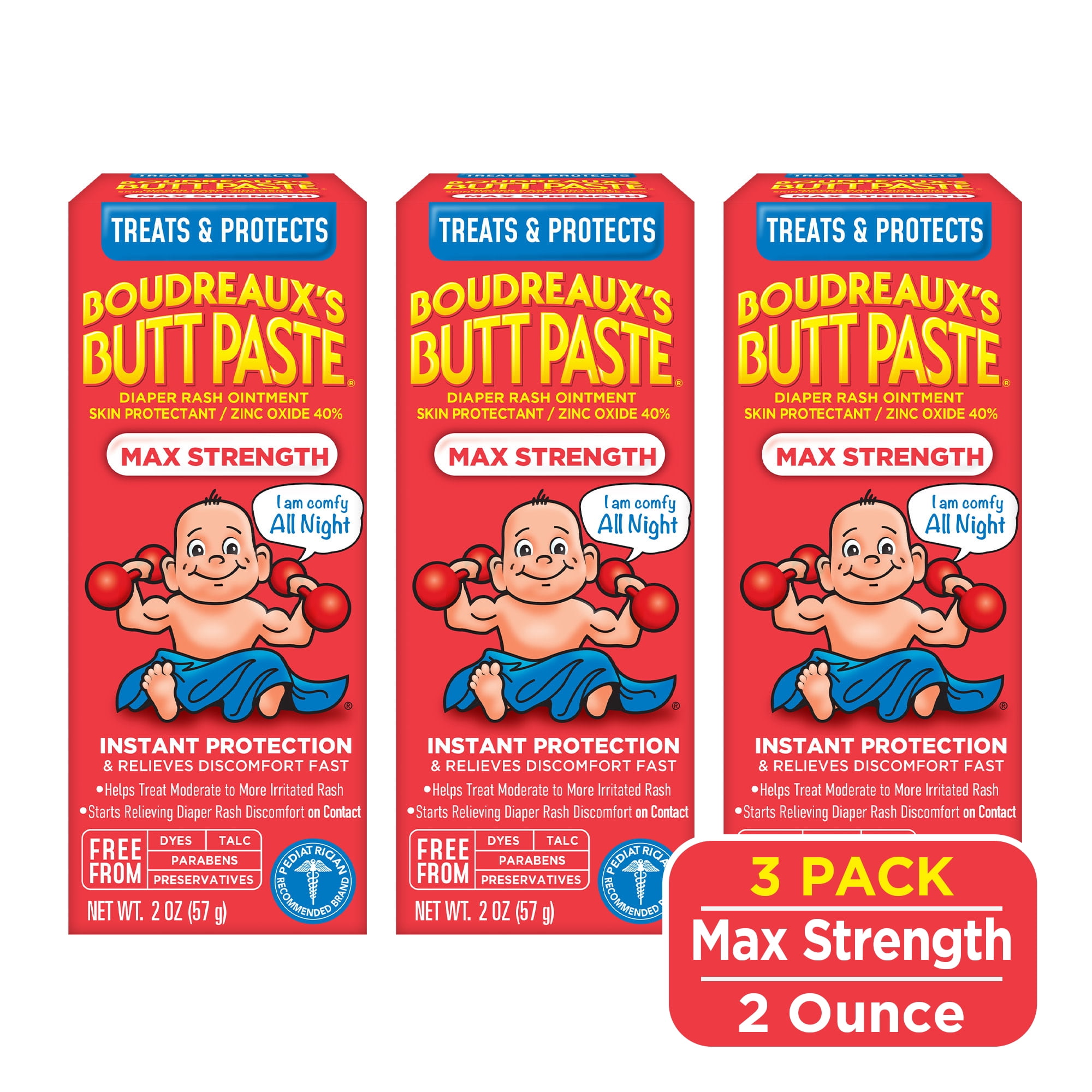 Boudreaux's Butt Paste Max Strength, Baby Diaper Rash Cream, Ointment, 2 oz Tube, 3 Pack