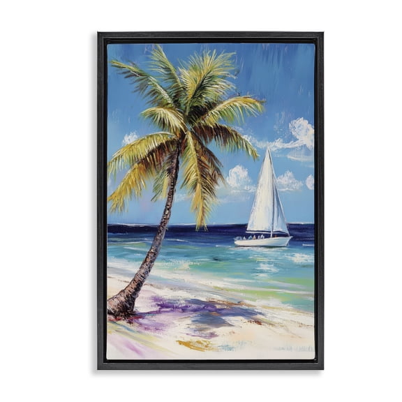 Stupell Industries Coastal Sailboat Delight with Palm Tree Black Floating Frame Canvas Art, 17 x 25, by Petals Prints Design