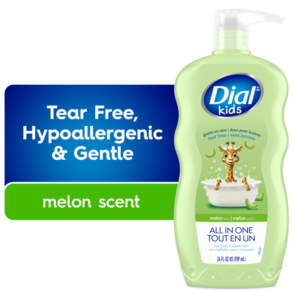 Nettoyant pour les cheveux et le corps et bain moussant tout-en-un Dial Kids, parfum de melon, 709 ml, hypoallergène, sans larmes, testé par des dermatologues, sans silicones, parabènes ni phtalates