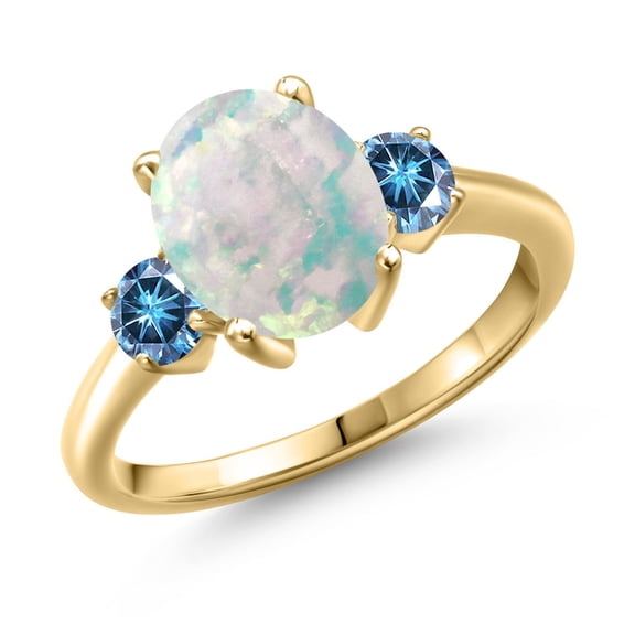 Gem Stone King 18K Yellow Gold Plated Silver Ring Oval/Cabochon White Simulated Opal and Vivid Persian Blue Moissanite (2.16 Cttw, Size 5)