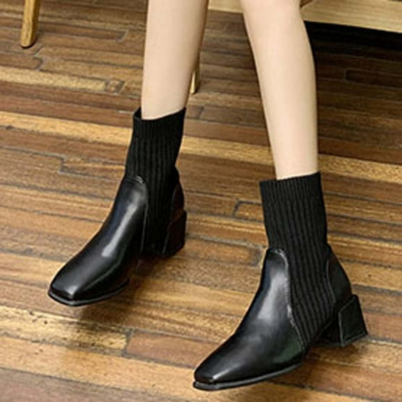 Cameland Women's Winter Retro Splicing Boots Chunky Heel High-Heels Square Toe Knitting Boots