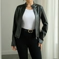 thumbnail image 3 of MORTTIC Women's Solid Color Faux Leather Blazer Stand Collar Long Sleeve Zippered Jacket with Single Button Detail Black，S, 3 of 9