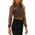 thumbnail image 4 of INSPIRE CHIC Women's Button-Front Point Collar Mesh Sheer Long Sleeve Shirt Tops XL Brown, 4 of 6