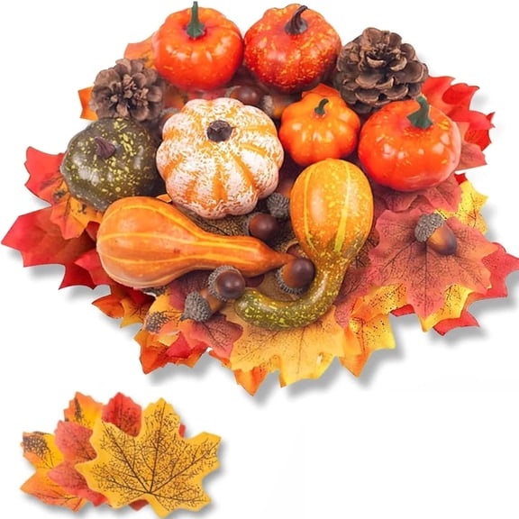 huaart Pumpkins Decor Set, 50 Pcs Artificial Pumpkins and Gourd Maple Leaf Acorns for Halloween Decor