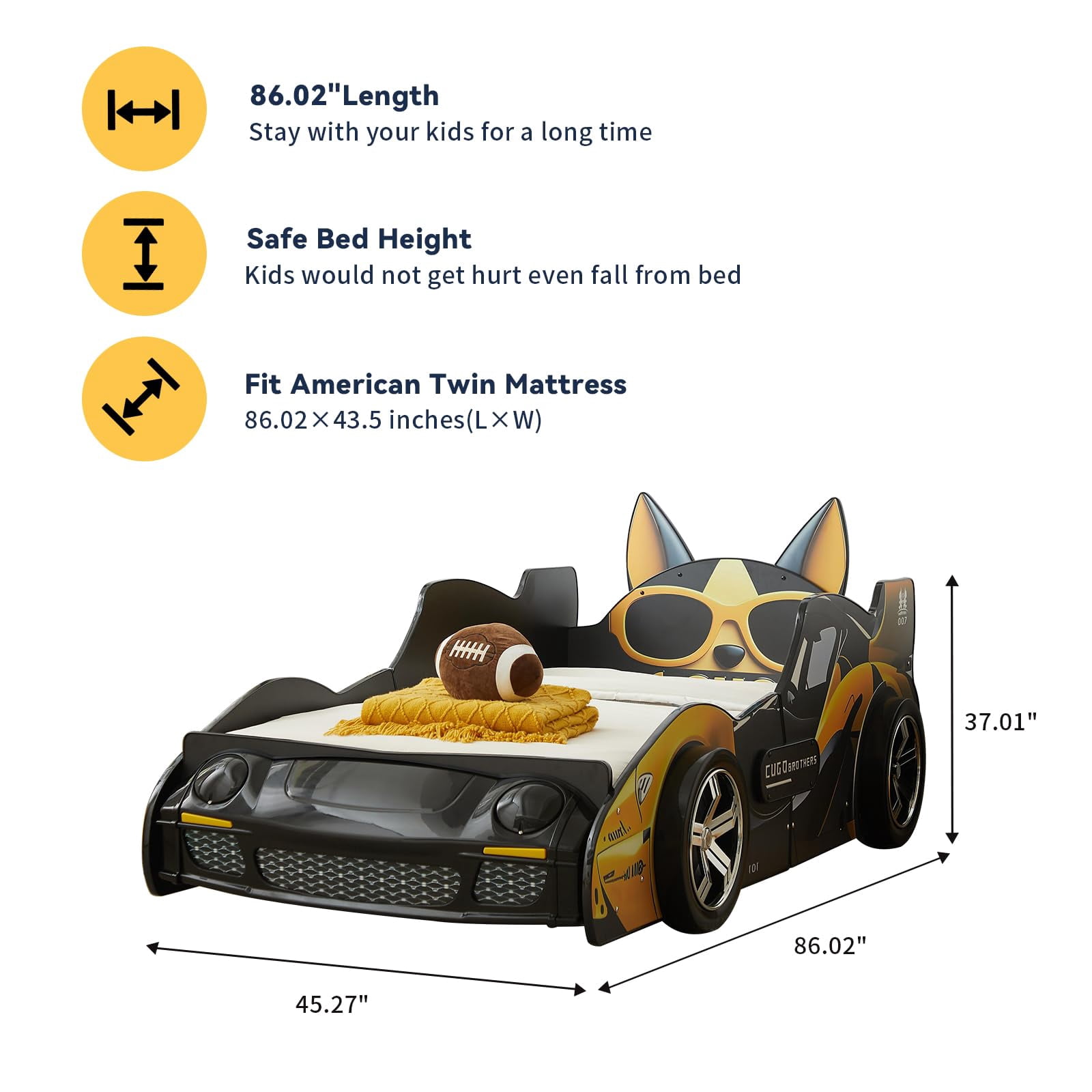 Twin Size Car Bed for Kids, Wooden Platform Bed with Cartoon Dog Headboard, LED Lights, and Built-in Slats for Toddlers & Boys