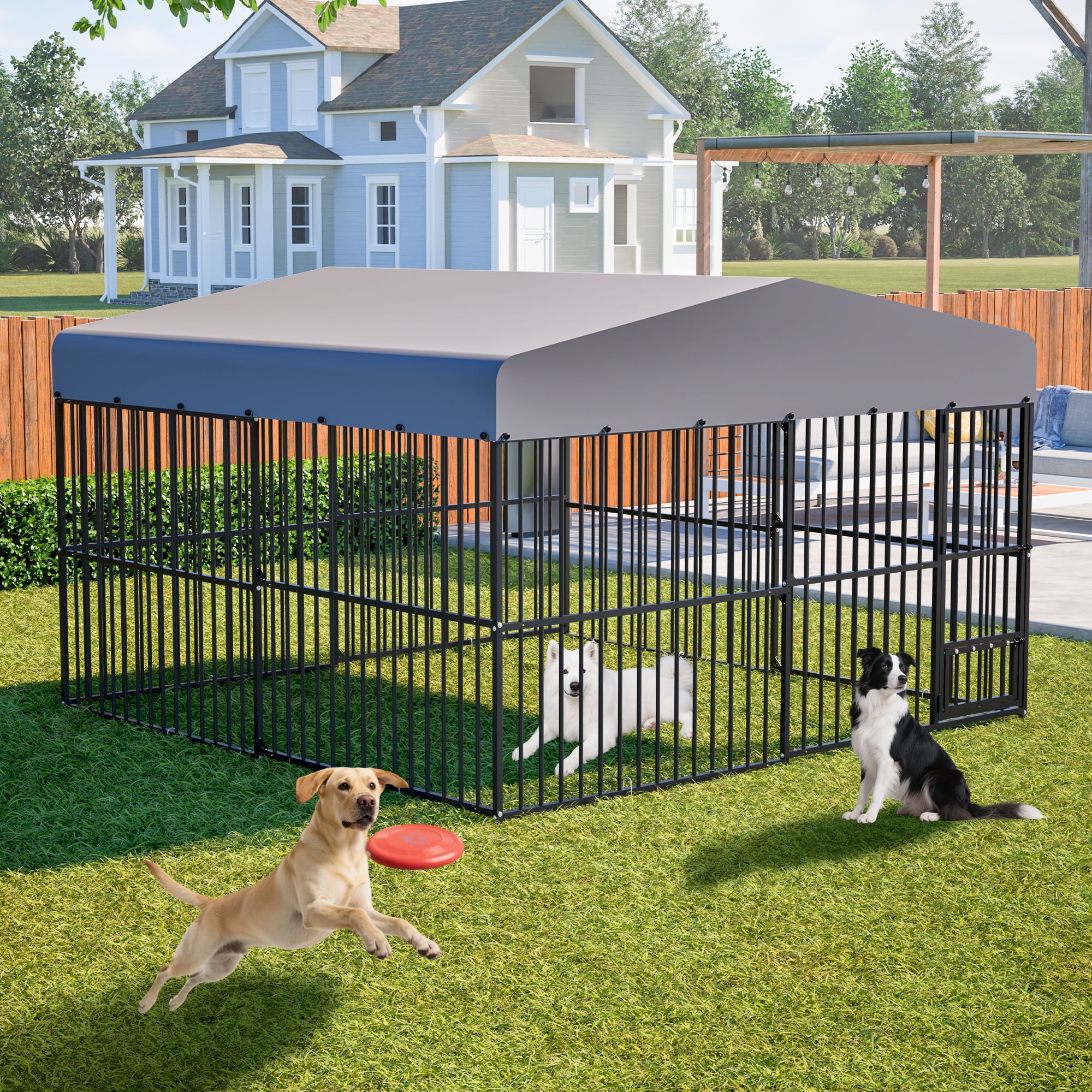 LZBEITEM Heavy Duty Outdoor Dog Kennel Playpen Large Cage Fence with Waterproof Roof Cover & Sturdy Galvanized Metal Frame