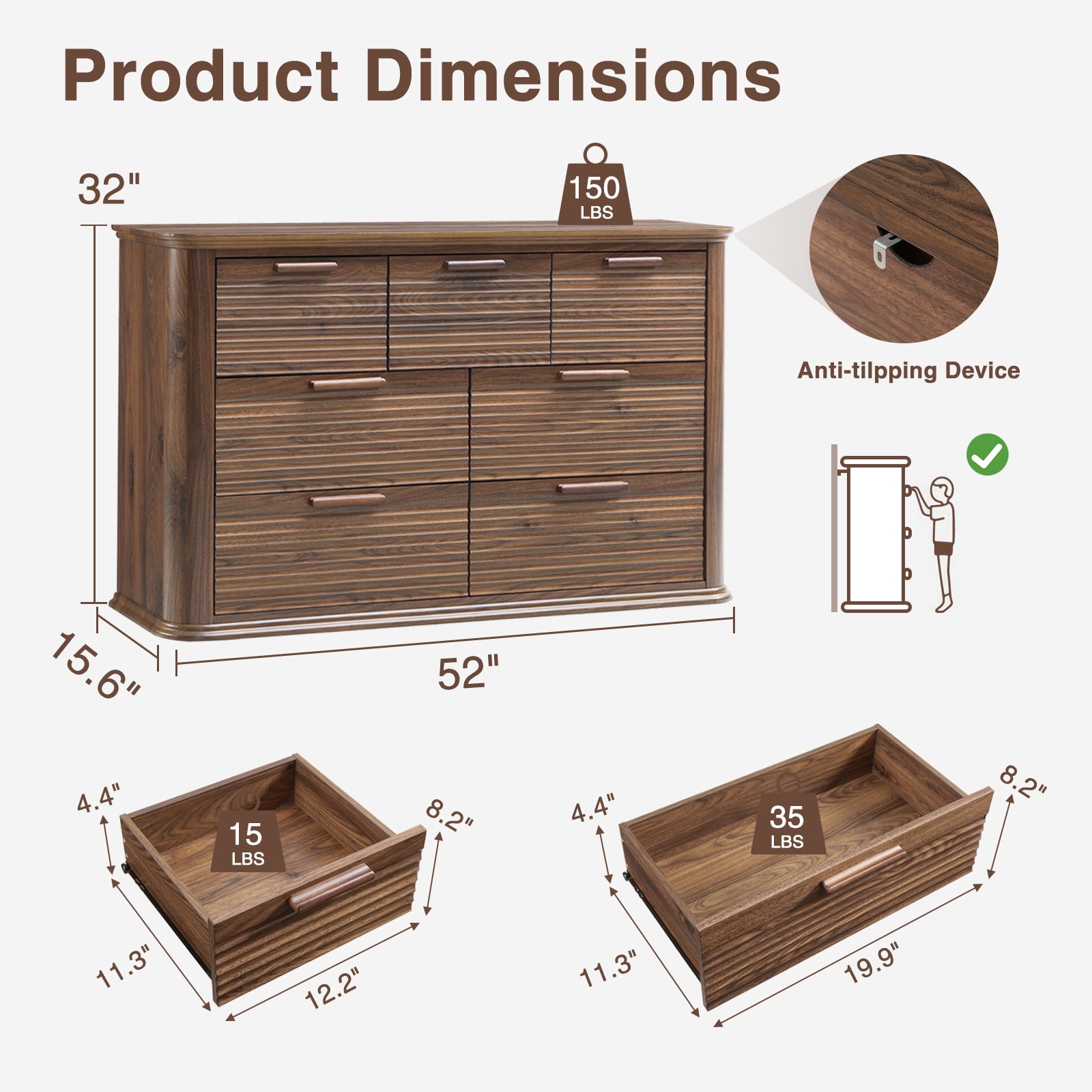 Hommoo Modern Wood Fluted 7 Drawer Dresser, 52" Wide Dresser Chest of Drawers with Curved Profile Design, Multifuctional Storage Organizer for Home, Walnut