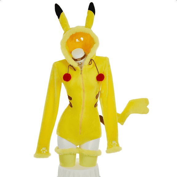 MOBBUNNY PM Derivative Yellow Fluffy Bodycon Romper Hooded Bodysuit with Thigh socks and Choker, L