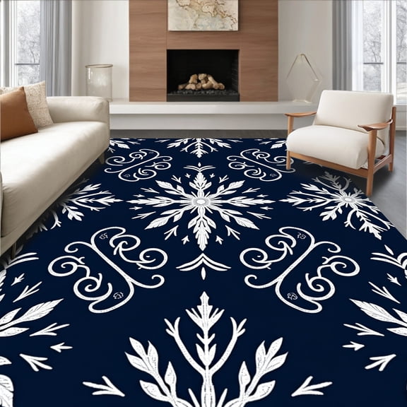 ODIKA 4'x6' Machine Washable Non-Slip Area Rug, Festive Snowflake Winter Wonderland Semi Circle Welcome Entryway High Traffic Rug, Blue, 509122