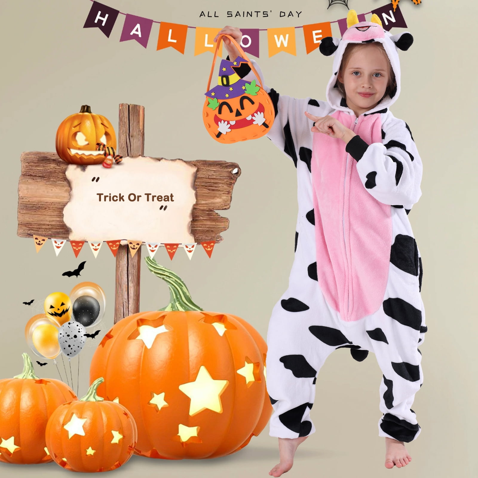 SWEETXIN Kids Cow Onesie Pajamas Halloween Plush Costume Sleepwear Christmas Gift for Girls Boys Jumpsuit 8Years