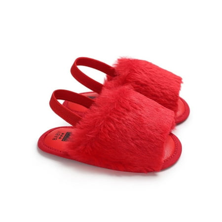 

Diconna Baby Faux Fur Sandals Infant Girls Soft Sole Shoes Plush Slide Sandal Kids Slippers Red 0-6m