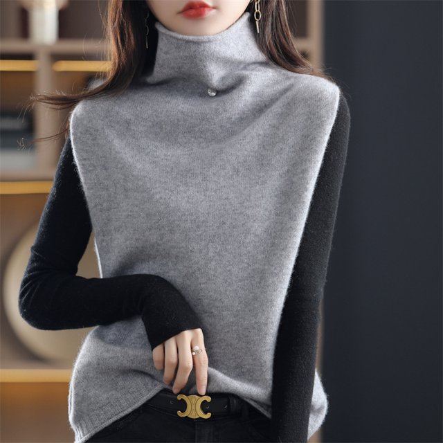 Chaleco de cachemira para mujer, nuevo chaleco de cuello alto 100 % lana, suéter suelto sin mangas de punto para otoño e invierno para mujer