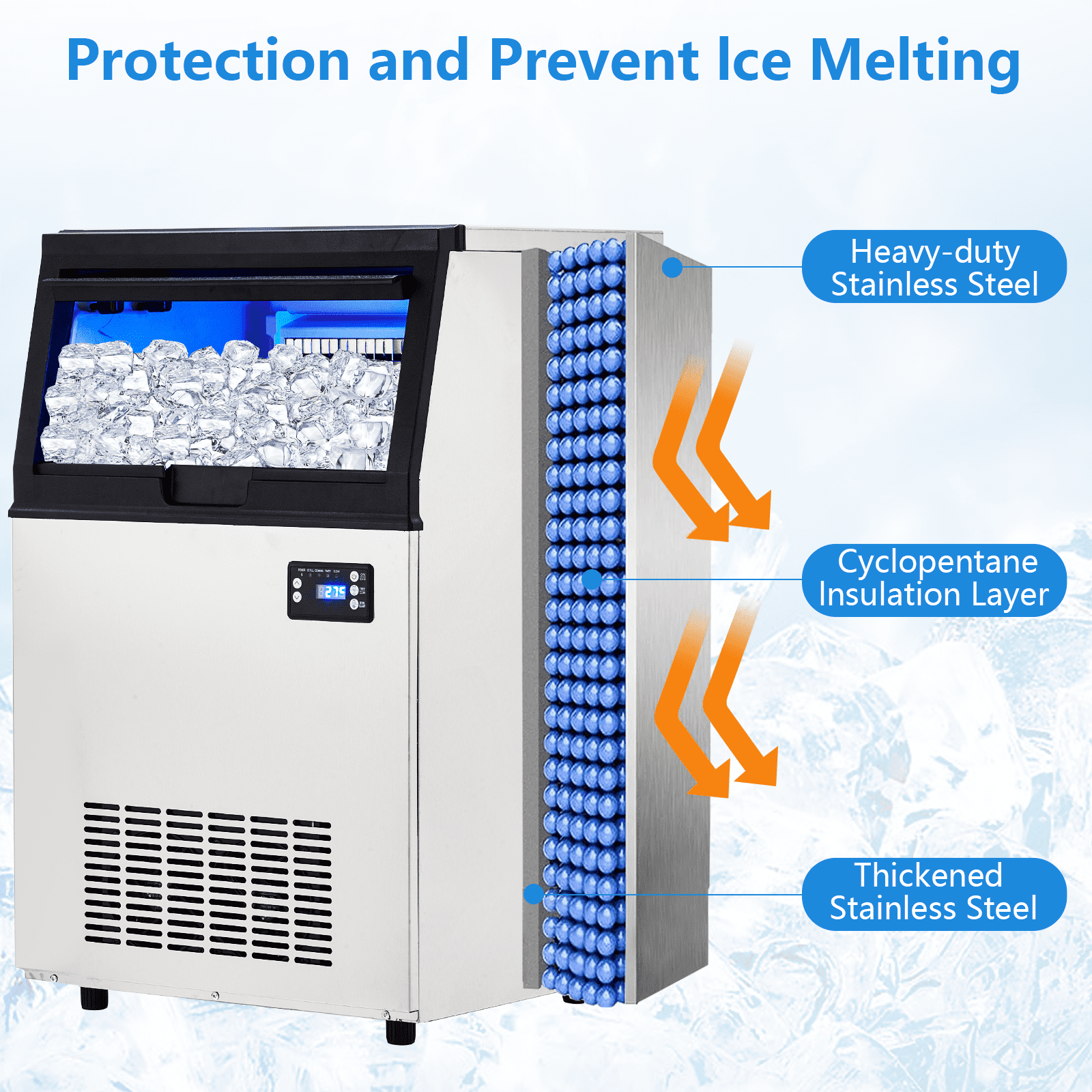 High Efficiency Commercial Ice Maker – 100lbs/24H Output, 33lbs Storage, Freestanding Stainless Steel, Makes 50 Cubes in 8-15 Mins, Under Counter, 2 Water Inlet Modes, Water Filter & Scoop Included
