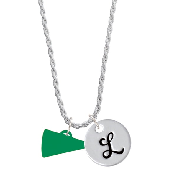 Delight Jewelry Acrylic 3/4" Green Megaphone Silvertone Script Initial Disc - L - Charm Necklace, 20"+3"