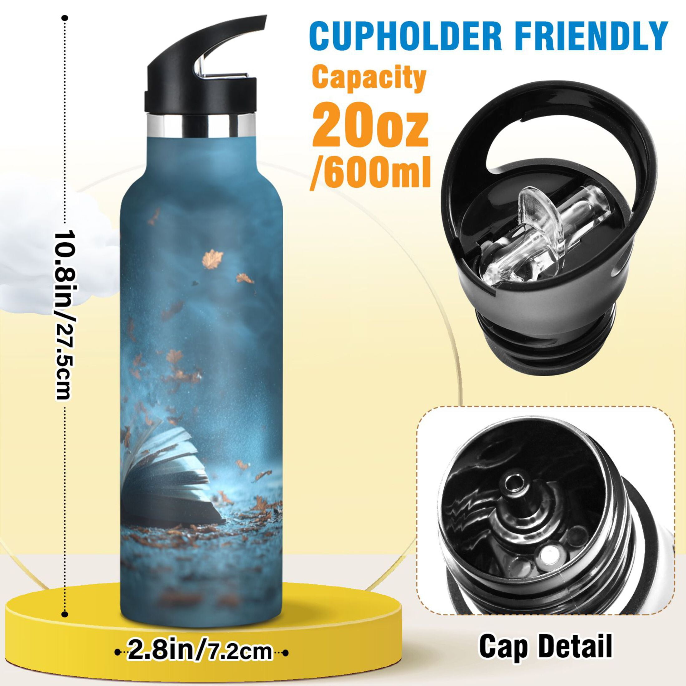 Kids Insulated Stainless Steel Sports Water Bottle 600ml (20oz) Opened Book Pages