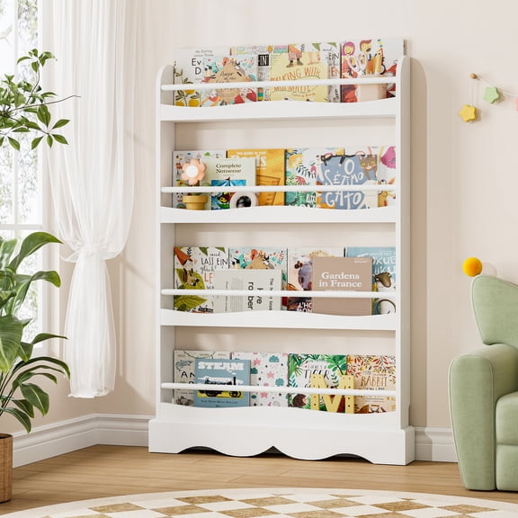 Homfa 4-Tier Book Shelf, White Kid's Bookshelf,E1 MDF Storage Bookcase with Safe Rounded Edges, Anti-Tip Open Shelving Unit for Nursery Playroom Bedroom