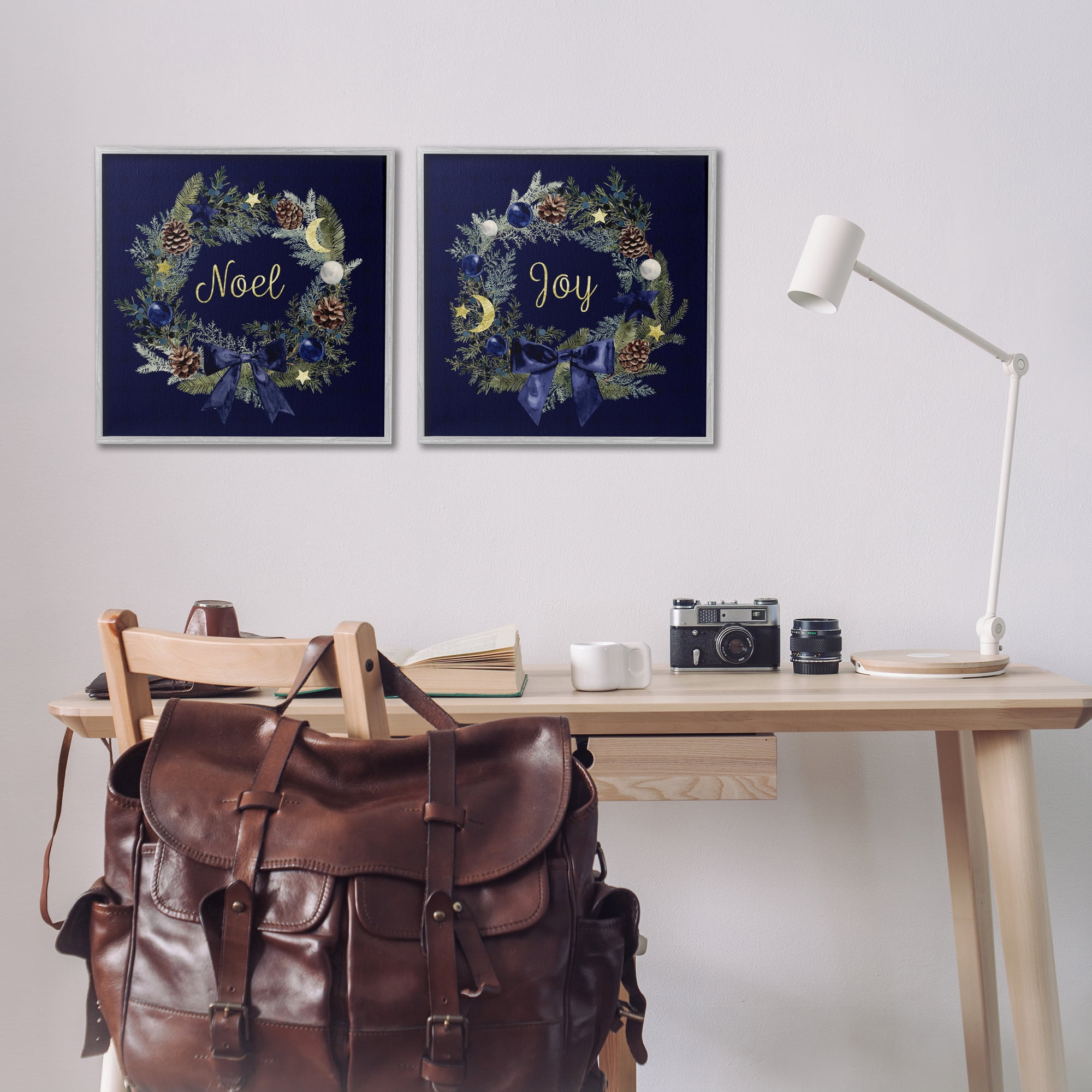 Stupell Industries Noel Joy Balsam Wreath Pinecones Holiday Painting Gray Framed Art Prints Wall Art, 17 x 17, Set of 2