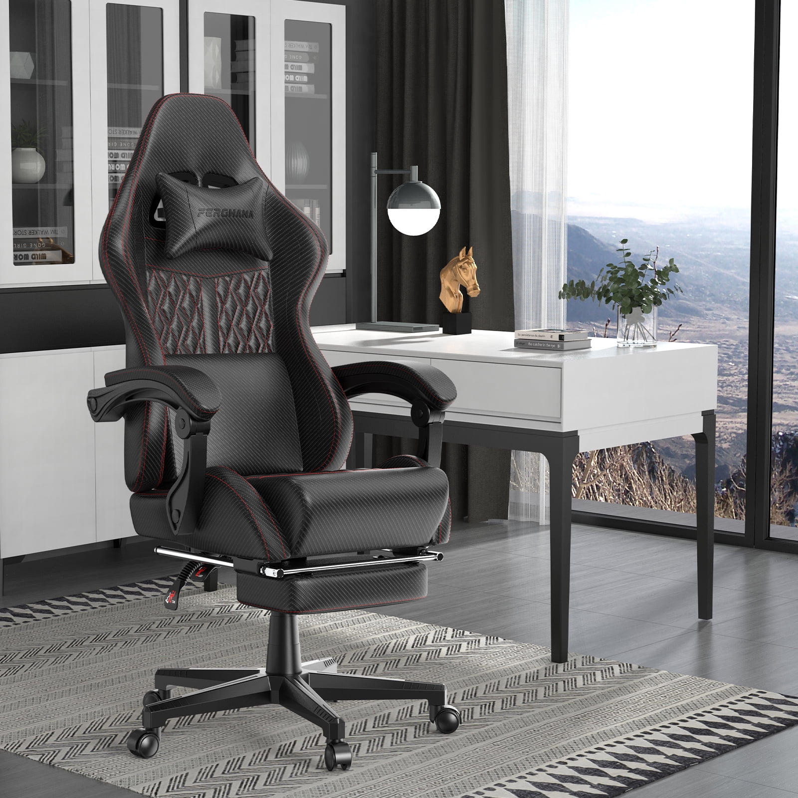 Huracan Gaming Chair with Footrest,Computer Office Chair with Massage Lumbar Support & Headrest, High Back Vintage Game Chair for Adults, Black