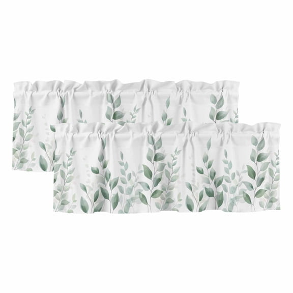 Sage Green Botanical Valances for Windows, Pastoral Leaf Watercolor Light Filtering Kitchen Curtains, Rod Pocket Window Valance Curtains for Living Room Bedroom, 42" W x 12" L, 2 Panels
