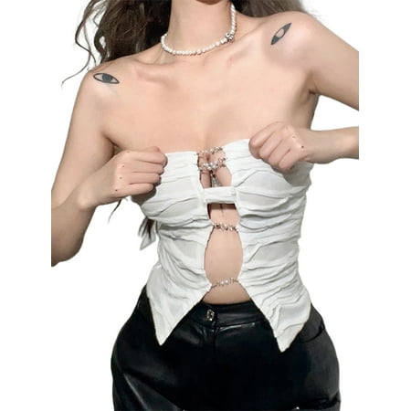 

ZIYIXIN Women Fairy Grunge Sleeveless Crop Tops Backless Push Up Bustier Lace Corset Camisole Streetwear